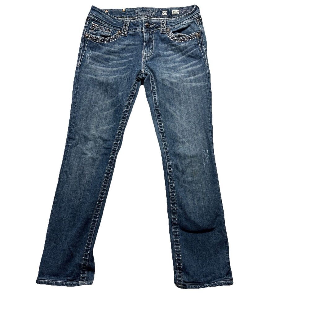 Miss Me Buckle Mid Rise Straight Embellished Flap Denim Blue Jeans 29/28